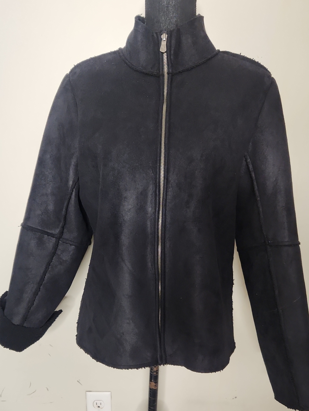 E Studio Black Patchwork Faux Suede Zip-Front Lined Jacket
